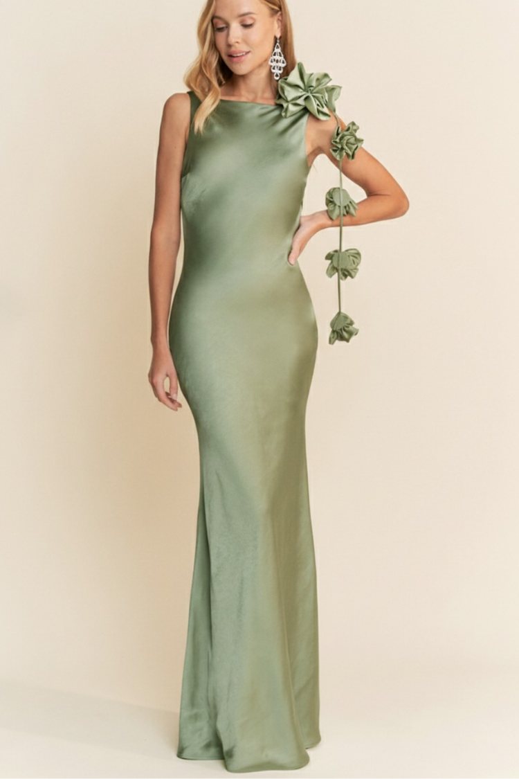 Lana Cowl Back Gown with 3D Floral Trim - Sage Green - Image 6