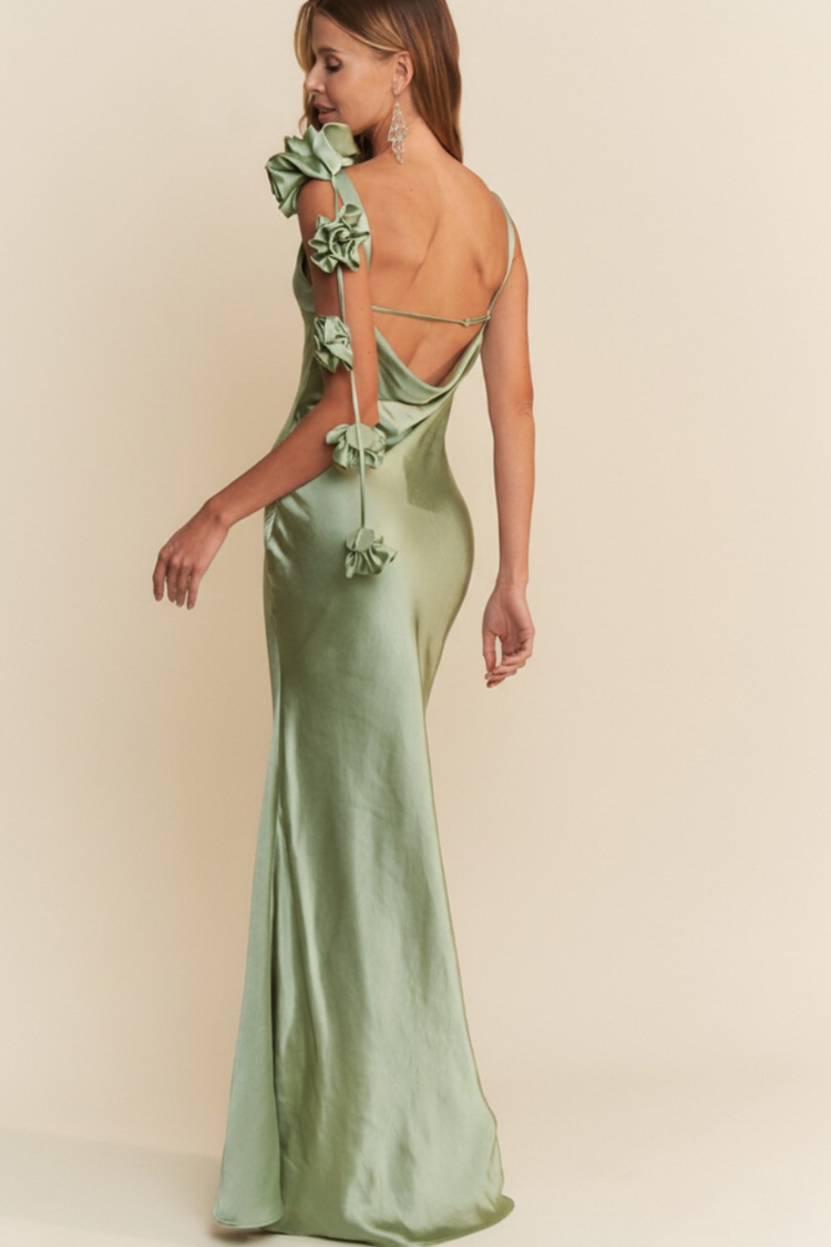 Lana Cowl Back Gown with 3D Floral Trim - Sage Green - Image 7