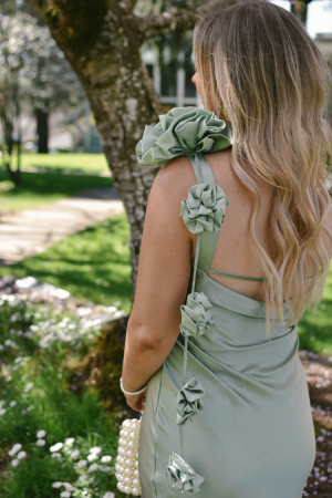 Lana Cowl Back Gown with 3D Floral Trim - Sage Green
