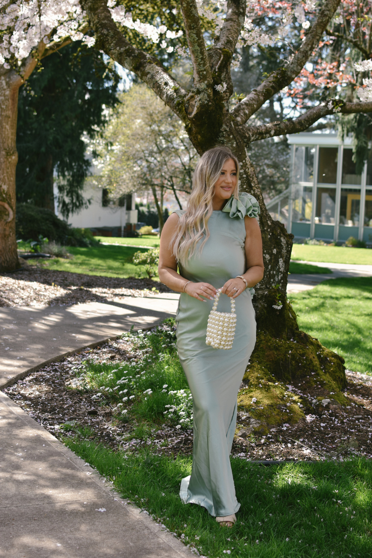 Lana Cowl Back Gown with 3D Floral Trim - Sage Green - Image 2