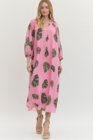 Tropical Escape Palm Print Midi Dress - Pink