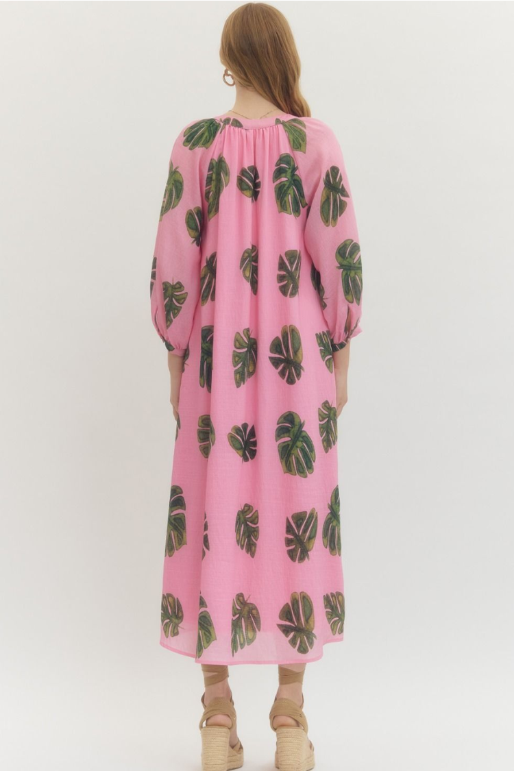 Tropical Escape Palm Print Midi Dress - Pink - Image 2