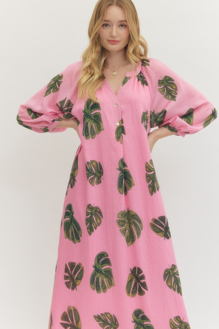 Tropical Escape Palm Print Midi Dress - Pink - Image 4