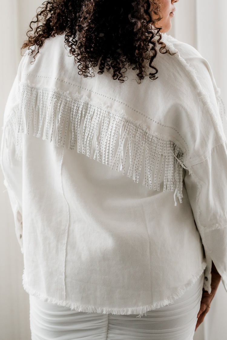 White Plus Size Jean Jacket with Fringe - Image 2